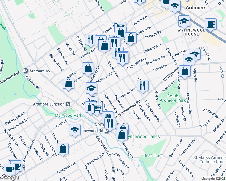 map of restaurants, bars, coffee shops, grocery stores, and more near 2529 Olcott Avenue in Ardmore