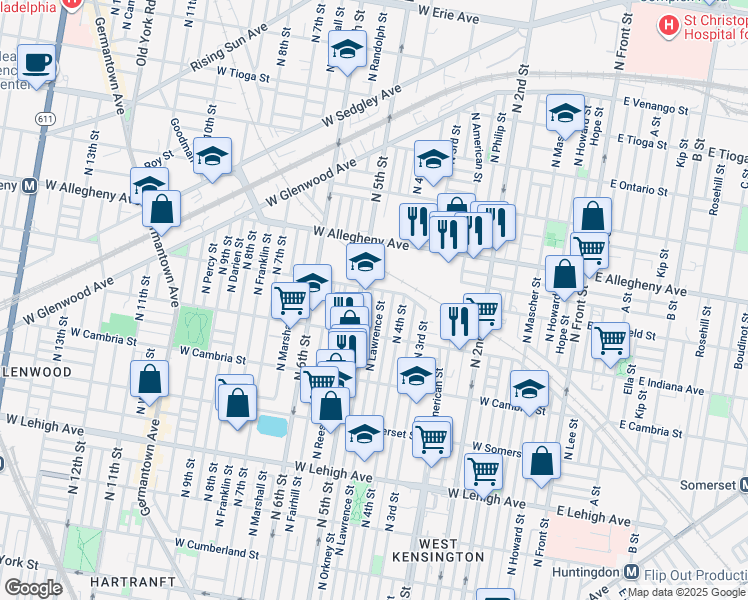map of restaurants, bars, coffee shops, grocery stores, and more near 3063 North Orkney Street in Philadelphia