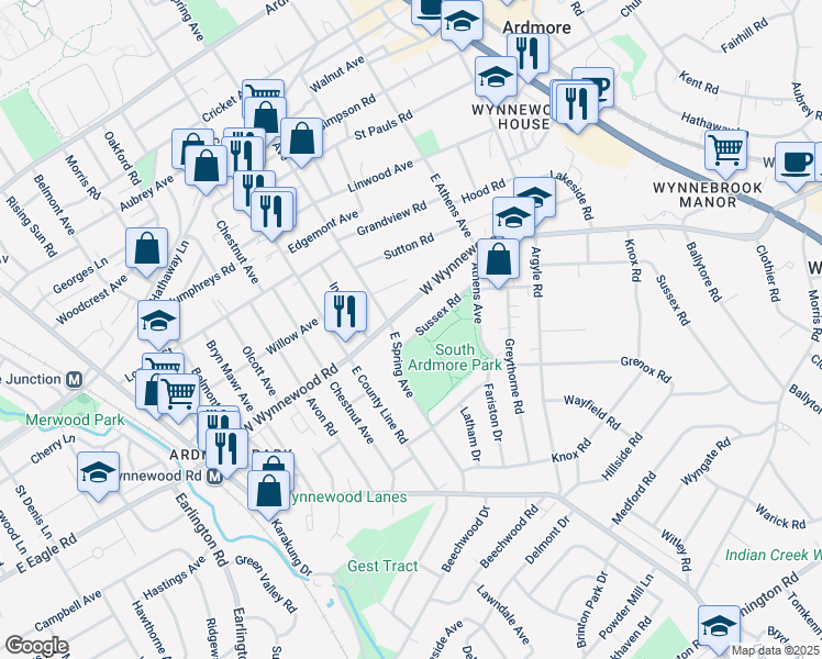 map of restaurants, bars, coffee shops, grocery stores, and more near 1433 Sussex Road in Wynnewood