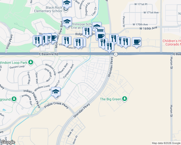 map of restaurants, bars, coffee shops, grocery stores, and more near 16682 Umatilla Street in Broomfield