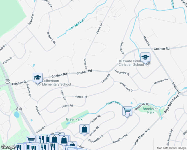 map of restaurants, bars, coffee shops, grocery stores, and more near 3408B Goshen Road in Newtown Square