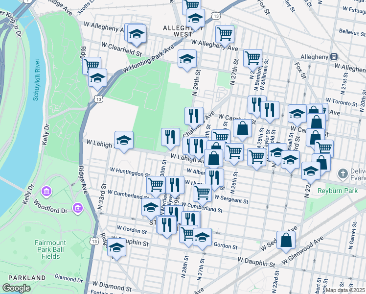 map of restaurants, bars, coffee shops, grocery stores, and more near 2726 North 29th Street in Philadelphia