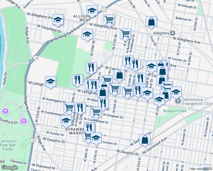map of restaurants, bars, coffee shops, grocery stores, and more near 2700 West Seltzer Street in Philadelphia