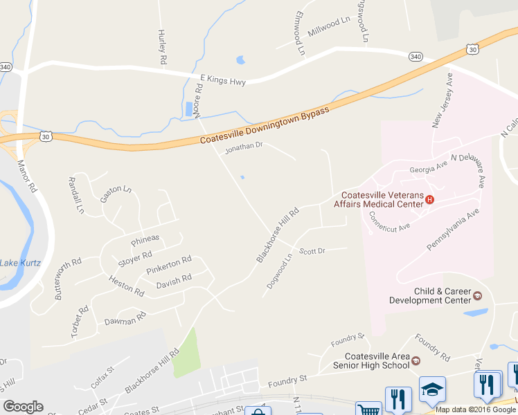 map of restaurants, bars, coffee shops, grocery stores, and more near 10 Moore Road in Coatesville