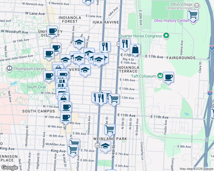 map of restaurants, bars, coffee shops, grocery stores, and more near 240 East 13th Avenue in Columbus