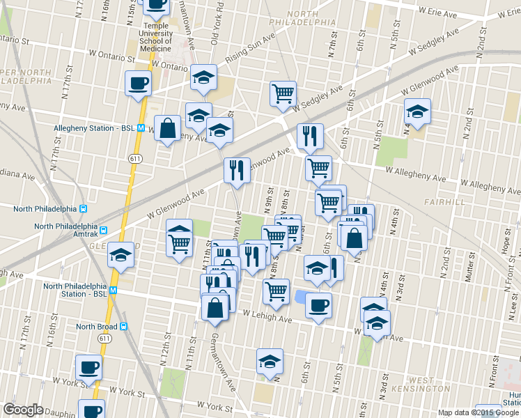 map of restaurants, bars, coffee shops, grocery stores, and more near 3009 North Percy Street in Philadelphia