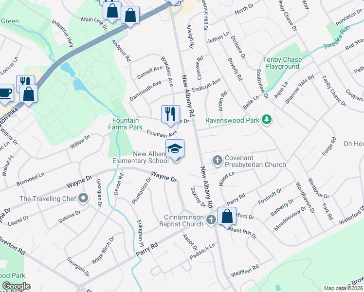 map of restaurants, bars, coffee shops, grocery stores, and more near 723 Fountain Court in Cinnaminson