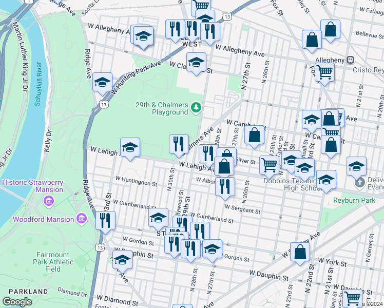 map of restaurants, bars, coffee shops, grocery stores, and more near 2726 North 29th Street in Philadelphia