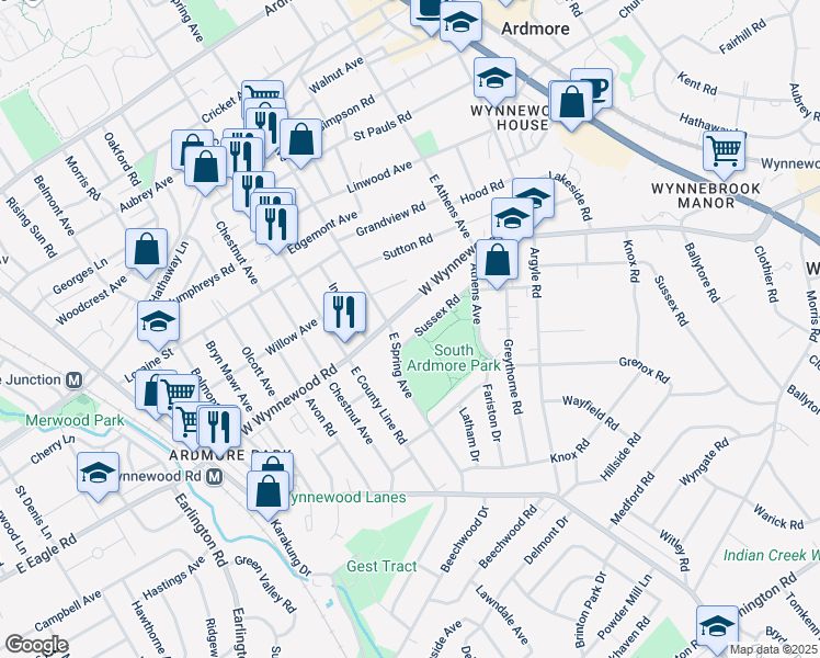 map of restaurants, bars, coffee shops, grocery stores, and more near 1433 Sussex Road in Wynnewood