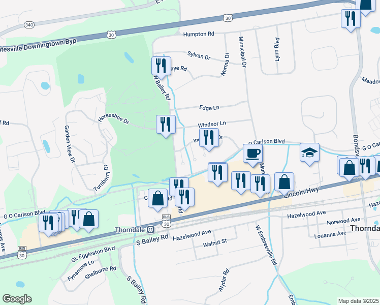 map of restaurants, bars, coffee shops, grocery stores, and more near 4 Courtney Lane in Thorndale