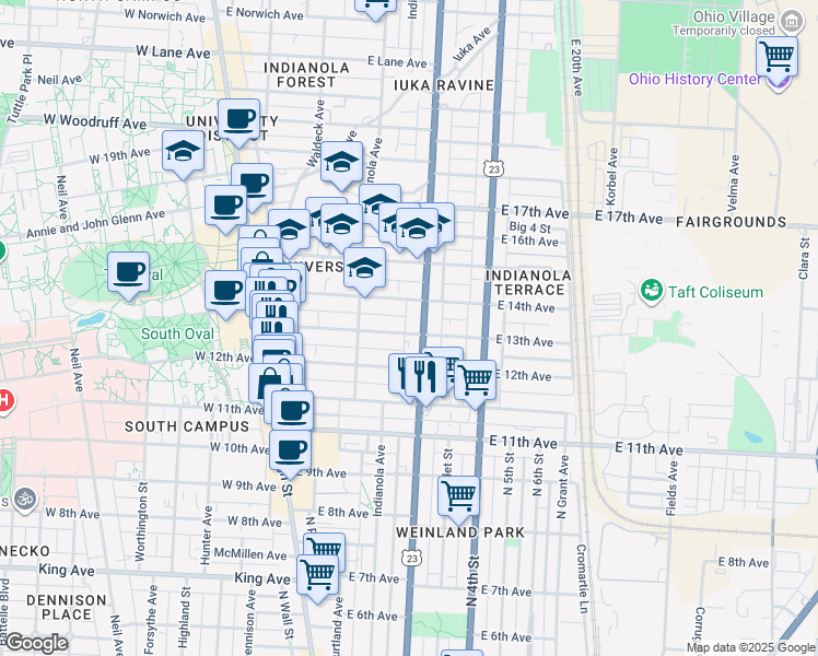 map of restaurants, bars, coffee shops, grocery stores, and more near 183 East 13th Avenue in Columbus