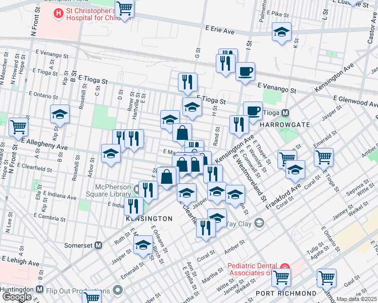 map of restaurants, bars, coffee shops, grocery stores, and more near 820 East Willard Street in Philadelphia