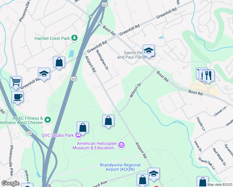 map of restaurants, bars, coffee shops, grocery stores, and more near 1301 Wilson Drive in West Chester
