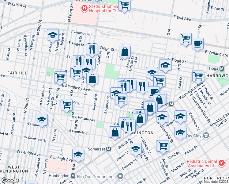 map of restaurants, bars, coffee shops, grocery stores, and more near 443 East Allegheny Avenue in Philadelphia