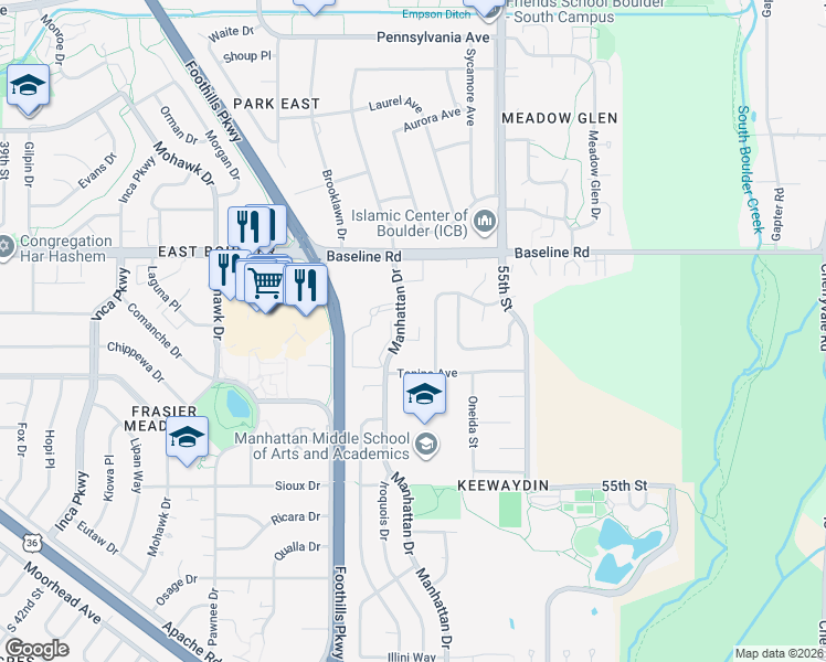 map of restaurants, bars, coffee shops, grocery stores, and more near 21 Manhattan Drive in Boulder
