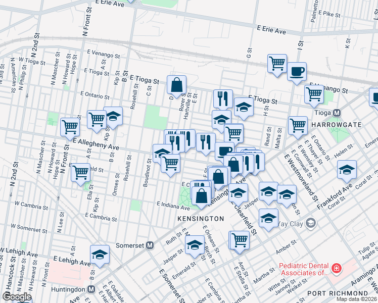 map of restaurants, bars, coffee shops, grocery stores, and more near 623 East Allegheny Avenue in Philadelphia