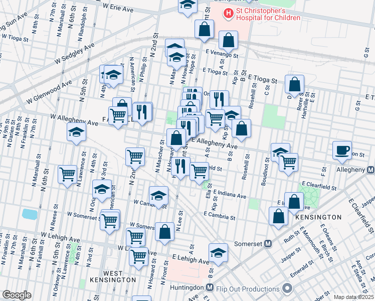 map of restaurants, bars, coffee shops, grocery stores, and more near 3129 North Front Street in Philadelphia
