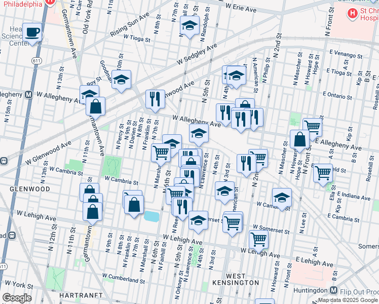 map of restaurants, bars, coffee shops, grocery stores, and more near 3055 North Reese Street in Philadelphia