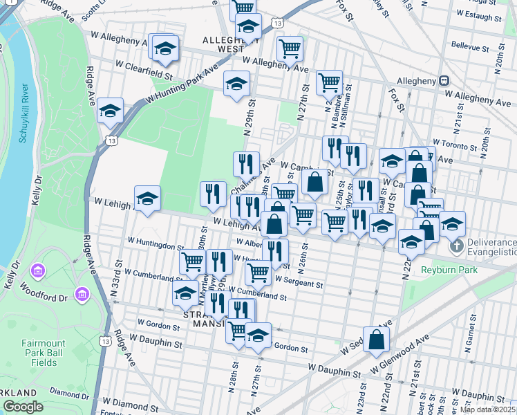 map of restaurants, bars, coffee shops, grocery stores, and more near 2738 North 28th Street in Philadelphia