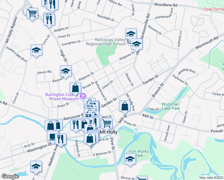 map of restaurants, bars, coffee shops, grocery stores, and more near 124 Cherry Street in Mount Holly