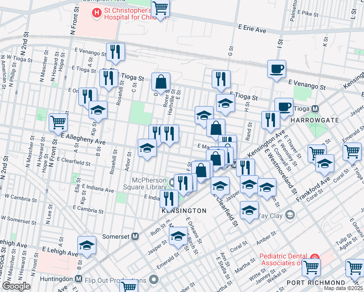 map of restaurants, bars, coffee shops, grocery stores, and more near 3225 Tampa Street in Philadelphia