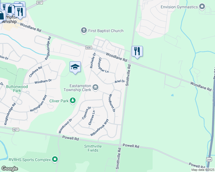 map of restaurants, bars, coffee shops, grocery stores, and more near 29 Woodhurst Drive in Mount Holly