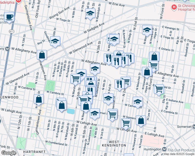 map of restaurants, bars, coffee shops, grocery stores, and more near 3063 North Orkney Street in Philadelphia