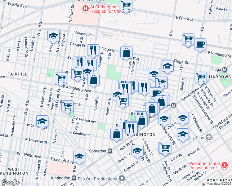 map of restaurants, bars, coffee shops, grocery stores, and more near 443 East Allegheny Avenue in Philadelphia