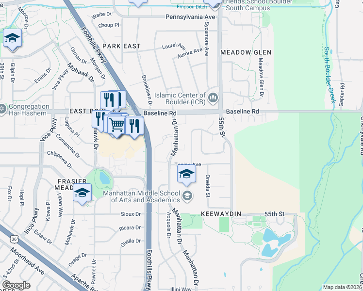 map of restaurants, bars, coffee shops, grocery stores, and more near 21 Manhattan Drive in Boulder