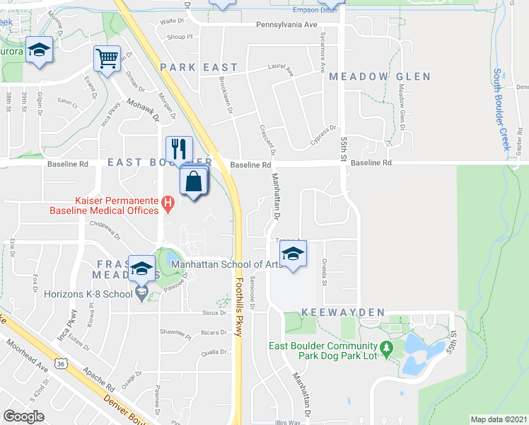 map of restaurants, bars, coffee shops, grocery stores, and more near 21 Manhattan Drive in Boulder