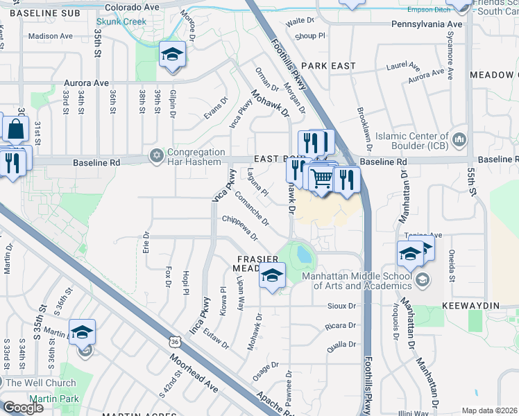 map of restaurants, bars, coffee shops, grocery stores, and more near 4430 Comanche Drive in Boulder