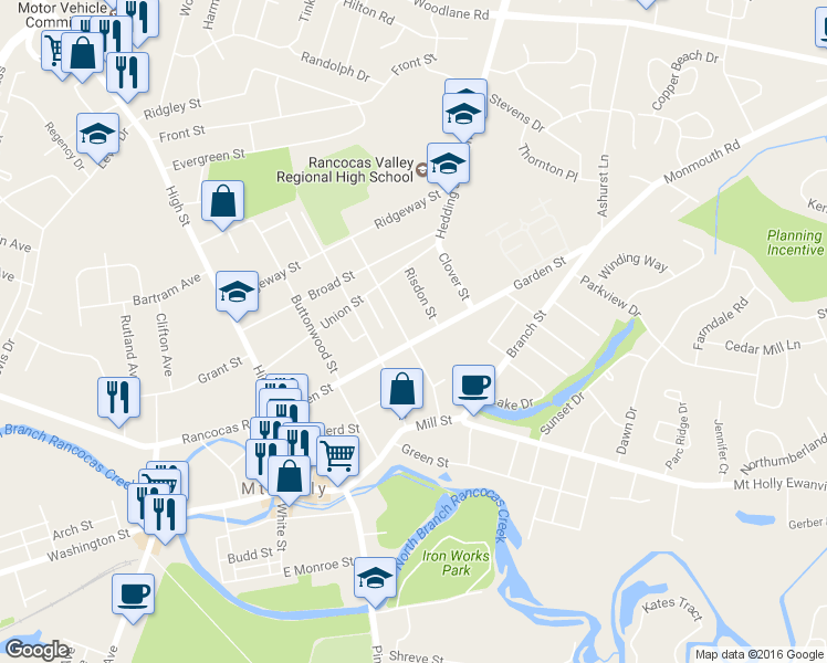 map of restaurants, bars, coffee shops, grocery stores, and more near 305 Garden Street in Mount Holly
