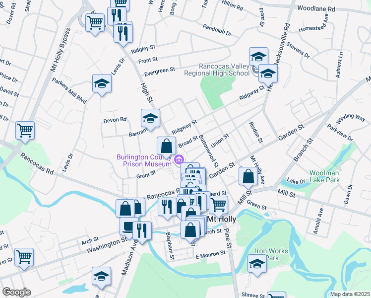 map of restaurants, bars, coffee shops, grocery stores, and more near 16 Broad Street in Mount Holly