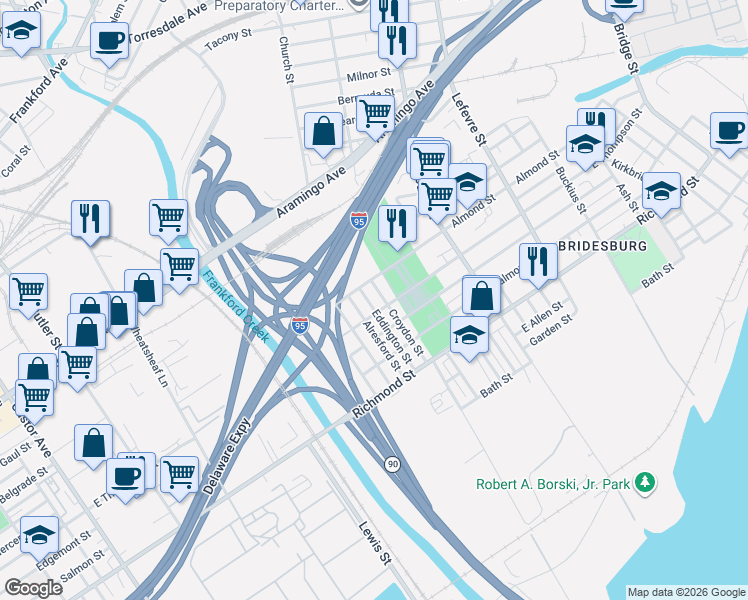map of restaurants, bars, coffee shops, grocery stores, and more near 2623 Alresford Street in Philadelphia