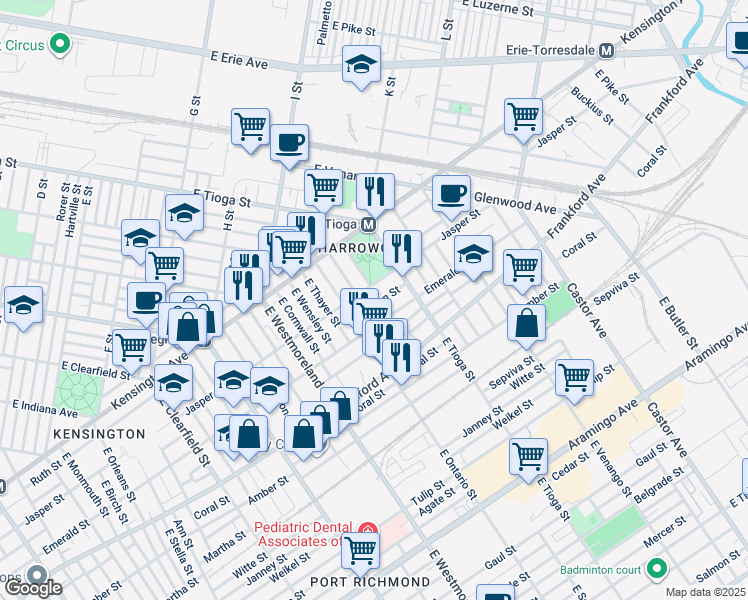 map of restaurants, bars, coffee shops, grocery stores, and more near 3422 Helen Street in Philadelphia