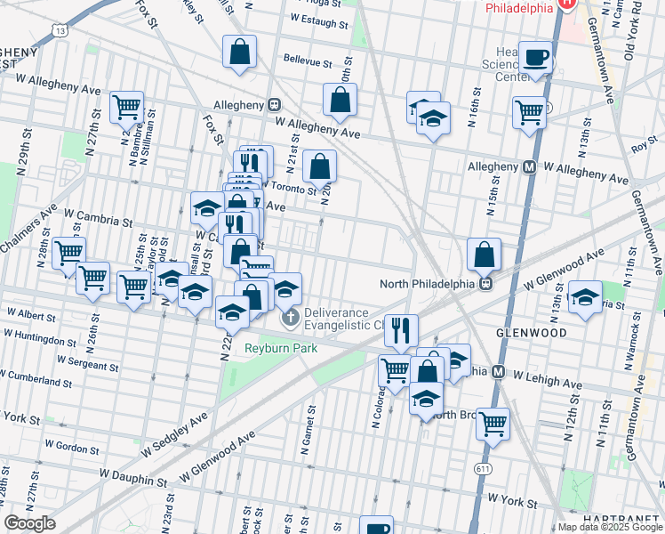 map of restaurants, bars, coffee shops, grocery stores, and more near 2842 North 19th Street in Philadelphia