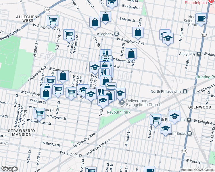 map of restaurants, bars, coffee shops, grocery stores, and more near 2816 North Van Pelt Street in Philadelphia