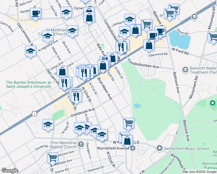 map of restaurants, bars, coffee shops, grocery stores, and more near 2416 Bryn Mawr Avenue in Philadelphia