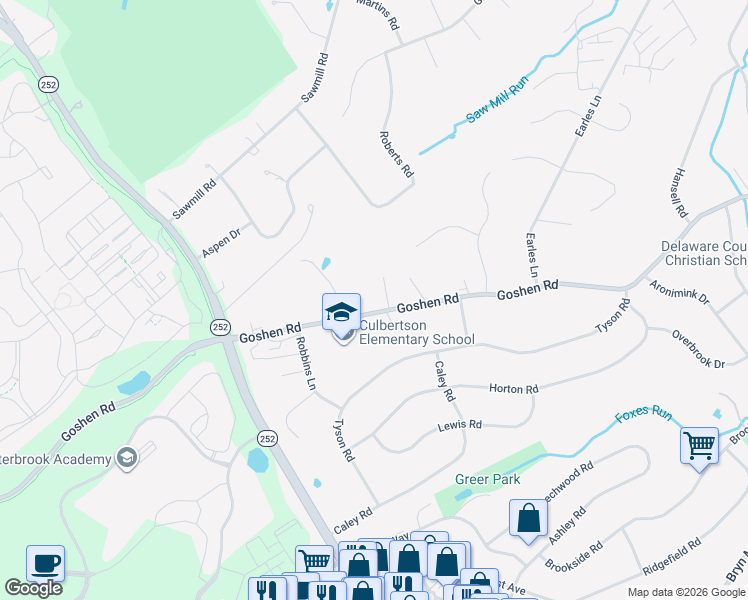 map of restaurants, bars, coffee shops, grocery stores, and more near 3519 Goshen Road in Newtown Square