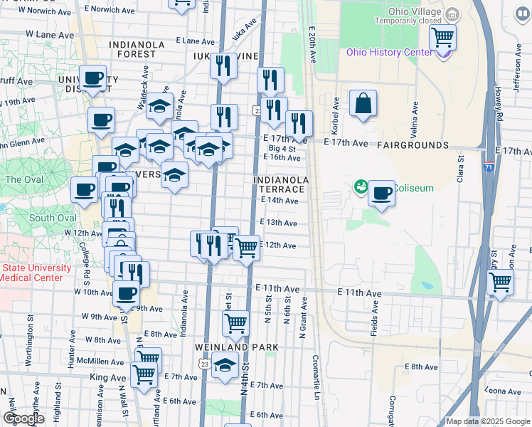 map of restaurants, bars, coffee shops, grocery stores, and more near 350 East 13th Avenue in Columbus