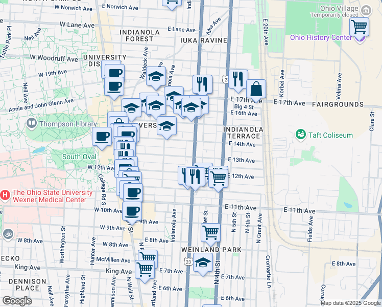 map of restaurants, bars, coffee shops, grocery stores, and more near in Columbus
