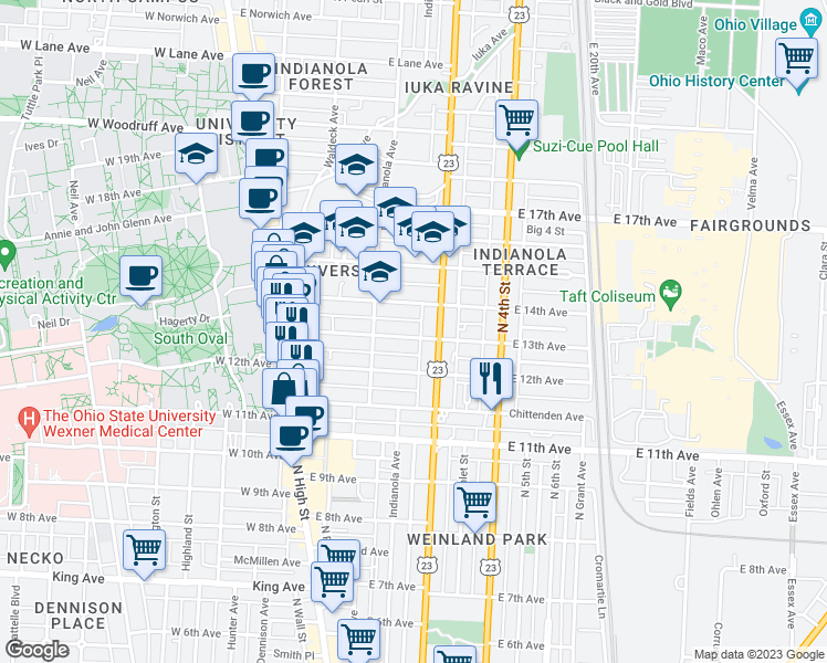 map of restaurants, bars, coffee shops, grocery stores, and more near 183 East 13th Avenue in Columbus