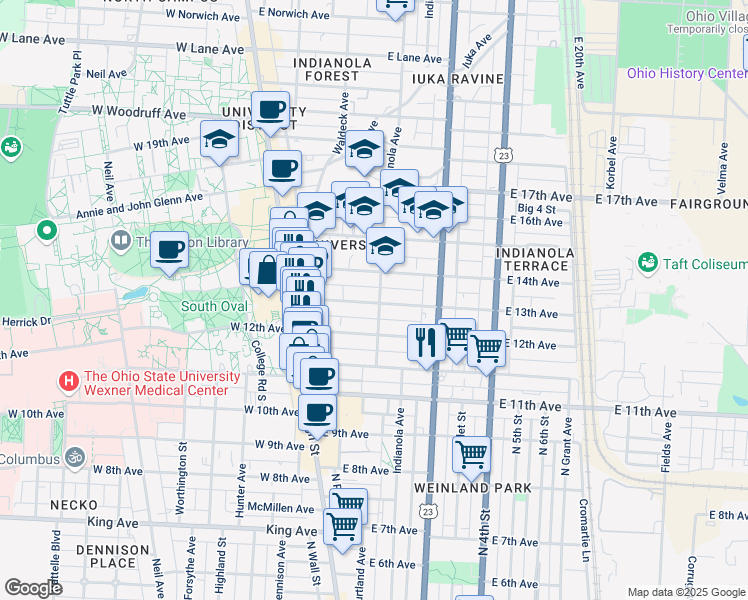 map of restaurants, bars, coffee shops, grocery stores, and more near 127 East 13th Avenue in Columbus