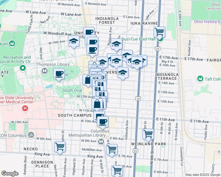 map of restaurants, bars, coffee shops, grocery stores, and more near 71 East 13th Avenue in Columbus