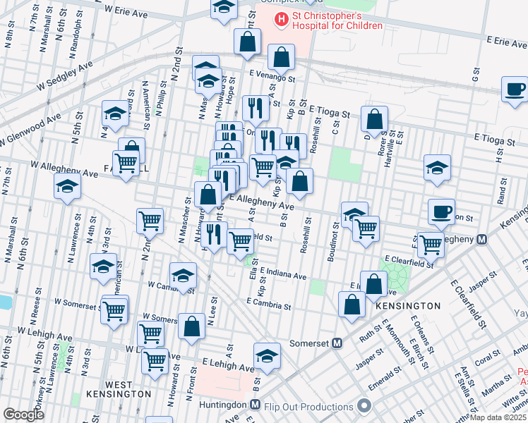 map of restaurants, bars, coffee shops, grocery stores, and more near 223 East Wishart Street in Philadelphia