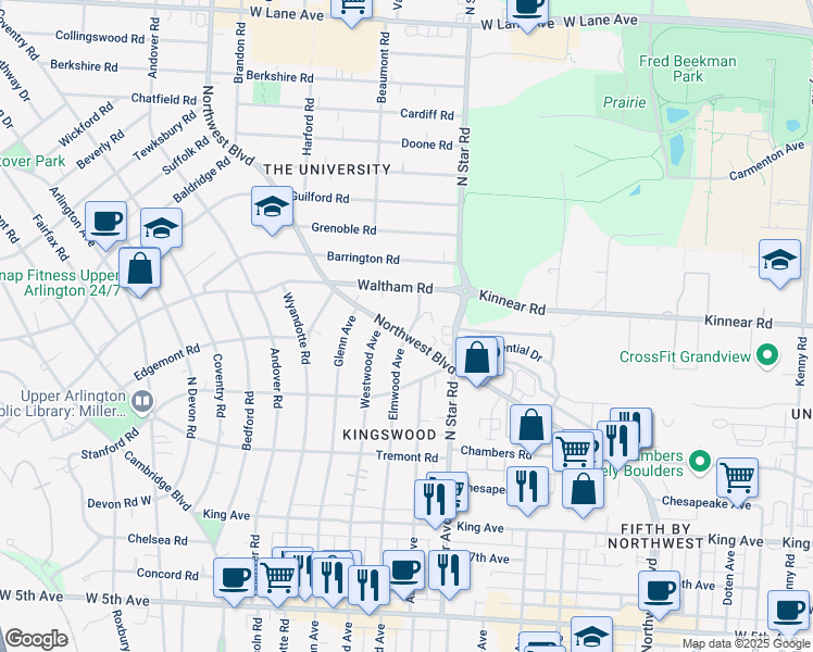 map of restaurants, bars, coffee shops, grocery stores, and more near 1971 Northwest Boulevard in Upper Arlington