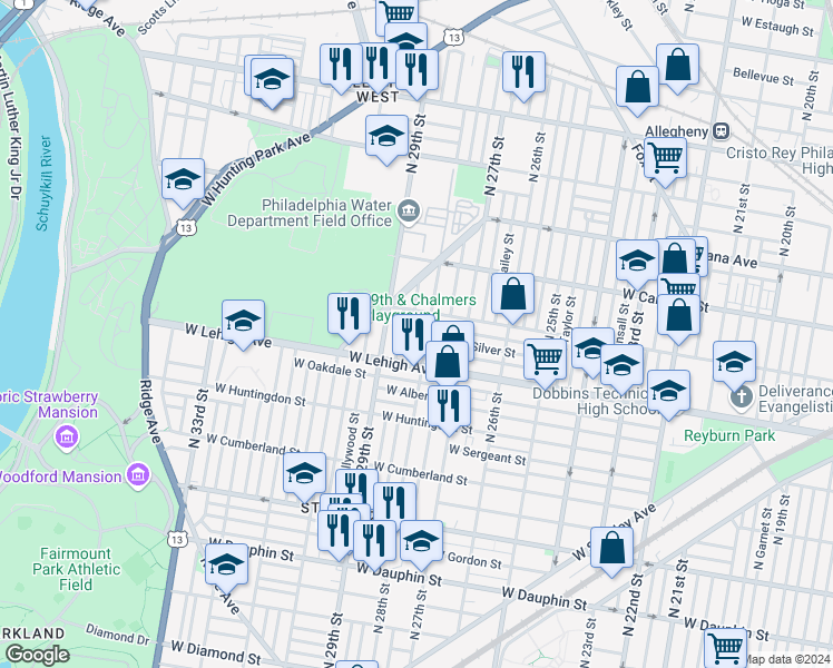 map of restaurants, bars, coffee shops, grocery stores, and more near 2739 North Newkirk Street in Philadelphia