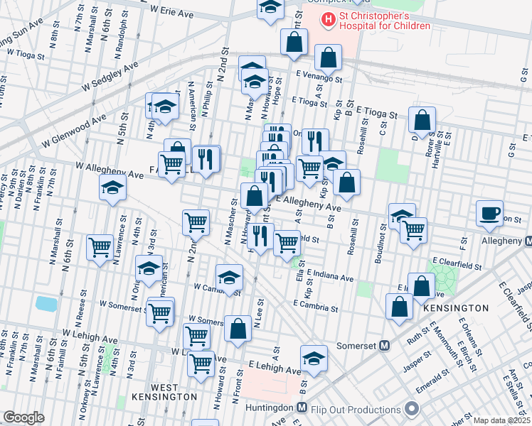 map of restaurants, bars, coffee shops, grocery stores, and more near 3129 N Front St in Philadelphia
