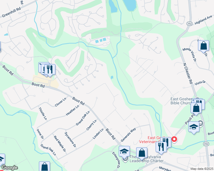 map of restaurants, bars, coffee shops, grocery stores, and more near 1513 Meadowbrook Lane in West Chester