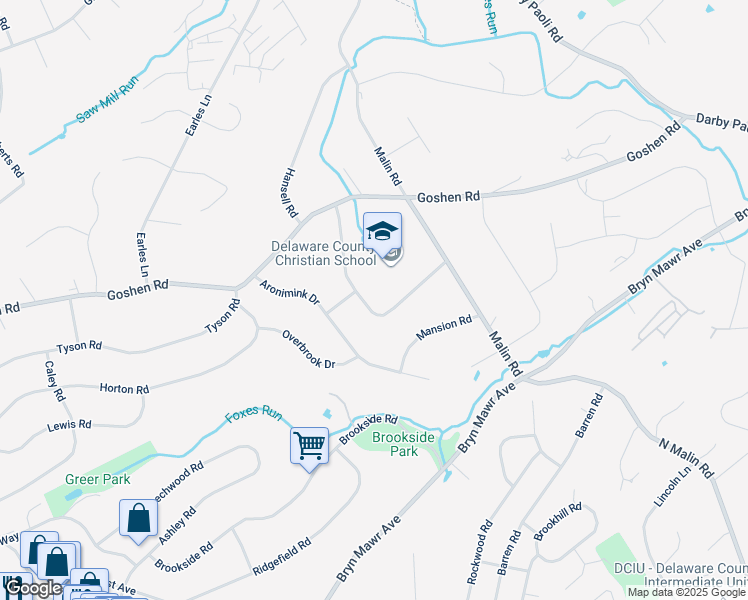 map of restaurants, bars, coffee shops, grocery stores, and more near 127 Hunt Club Lane in Newtown Square